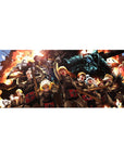 36x16 inches anime desk pad with squad charging through explosions, medic crosses, and a blue armored titan.