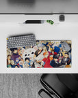 28x12 inches anime mouse pad in bright reds and warm creams with slick blacks and blues, hype vibe.