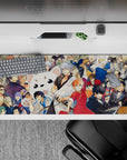 36x16 inches anime desk pad in bright reds and warm creams with slick blacks and blues, lively vibe.