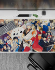 40x20 inches anime desk pad in bright reds and warm creams with deep blacks and blues, loud party vibe.