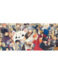 36x16 inches anime desk pad with party crowd, sharp suits, kimono layers, and fluffy mascot face.