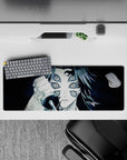 Kokushibo from Demon Slayer anime on a 32x12 inch mouse pad, six eyes and blade drawn in chilling monochrome detail.
