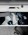 Anime desk pad 36x16 inches featuring Kokushibo from Demon Slayer, in chilling woodcut style with six eyes and drawn blade.