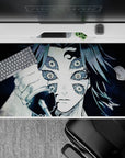 Anime desk pad 40x20 inches featuring Kokushibo from Demon Slayer. Monochrome with blue-grey highlights, six eyes drawn.