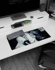 Anime mouse pad 28x12 inches featuring Upper Moon One, Kokushibo from Demon Slayer in chilling monochrome detail.