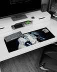Anime mouse pad 32x12 inches, featuring Demon Slayer's Kokushibo with six eyes and drawn blade in monochrome style.