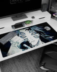 Anime desk pad 40x20 inches featuring Kokushibo from Demon Slayer, showcasing six eyes and blade in monochrome style.