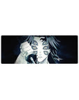 Anime mouse pad 32x12 inches featuring Kokushibo from Demon Slayer in monochrome with blue-grey highlights, haunting and dominant.