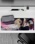 32x12 inches anime girl mouse pad in smoky purples and charcoal tones, soft gray sky, quiet dramatic mood.