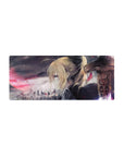 Cinematic anime girl mouse pad with moody city skyline and drifting embers, 28x12 inches.
