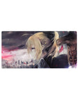 32x16 inches anime girl mouse pad with moody city skyline, windblown hair, and drifting embers.