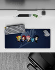 Deep navy anime mouse pad 28x12 inches with bright chibi lineup and soft gray guild mark.