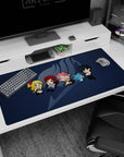 Lucy, Natsu, Erza, Happy and Gray chibi squad across a navy background, 40x20 inches desk pad.