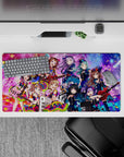 32x16 inches anime girl mouse pad in teal, violet, and candy pink sparkle chaos, cute neon stage vibe.
