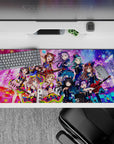 36x16 inches anime desk pad in teal, violet, candy pink; sparkly cute chaos with idol vibes.