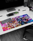 36x16 inches desk pad showing wide-eyed anime idol girl winking on stage with keytar and confetti.