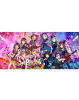 36x16 inches anime girl desk pad with neon idol concert, frilly dresses, ribbons, confetti, guitars.