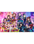 Anime girl desk pad 40x20 inches with neon idol concert art, frilly dresses, guitars, confetti, sparkles.