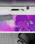 36x16 inches anime desk pad in pink-to-violet gradients, dreamy late-night romance vibe, soft and moody.
