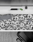 36x16 inches black-and-white anime girl desk pad, high-contrast and playful chaos-cute sketchbook vibe.