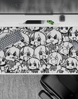 40x20 inches black-and-white anime girl desk pad, high-contrast sketchbook chaos-cute mood.