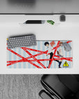 28x12 inches anime mouse pad in soft sky-blue with punchy red hazard-tape vibe, playful and electric.