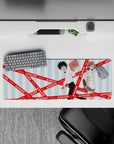 32x12 inches anime mouse pad in soft sky-blue stripes with bold red hazard tape, playful electric vibe.