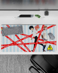32x16 inches anime mouse pad in soft sky-blue stripes with hazard-red accents, playful electric late-night vibe.