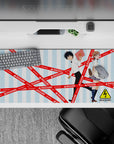 36x16 inches anime desk pad in soft sky-blue stripes with bold red hazard tape, playful electric vibe.