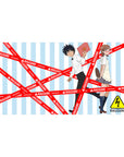 RAILGUN!! anime desk pad with Touma and Mikoto, sky-blue stripes and bold red tape, 40x20 inches.