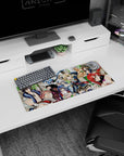 Natsu grinning with Lucy saluting on Fairy Tail anime mouse pad 28x12 inches; Happy flying over stone ruins.