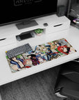 Natsu grinning with Lucy saluting on a 32x12 inches anime mouse pad, Erza red hair and Happy above.