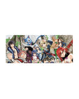 Fairy Tail anime mouse pad 28x12 inches with Natsu, Lucy, Erza and Happy amid vine-covered ruins.