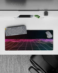 Compact 28x12 desk mat highlights starry skies and neon hues for immersive futuristic vibes