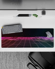 Intense 32x12 desk mat features neon grid and starry sky with intricate gradient details for fans of minimalism