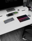 Iconic 14x10 desk mat celebrates Synthwave Dreamscape with glowing gridlines, starry skies, and purple-pink gradients