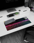 Dynamic Synthwave Dreamscape artwork on 28x12 desk mat perfect for celebrating digital elegance and retro style