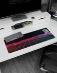 Small but impactful 32x12 desk mat showcases retro-futuristic vibes with striking synthwave artistry