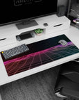 Dreamy artwork on 36x16 desk mat captures the essence of synthwave with serene yet bold retro aesthetics