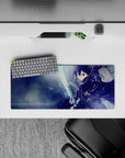 Anime mouse pad 28x12 inches featuring Kirito from Sword Art Online, in an intense, dynamic pose with icy blue tones.