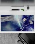 Anime mouse pad 32x16 inches featuring Kirito from Sword Art Online, showcasing his dynamic, intense blade dive in icy blues.