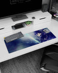 Anime mouse pad featuring Kirito in dynamic action, size 32x12 inches. Intense blues and light create a stormy scene.