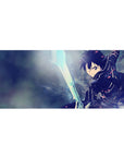 Anime desk pad 36x16 inches featuring Kirito diving forward with a blade, intense energy, and cool-toned motion.