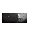 Anime girl mouse pad 28x12 inches with grayscale rain scene, black petals, and red accent lines.