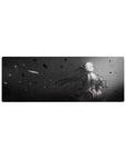 32x12 inches anime girl mouse pad with grayscale rain, black petals, and red accent lines.