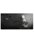 32x16 inches anime girl mouse pad with 2B-inspired grayscale art, black petals, red accents, bunny plush.