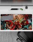 32x16 inches anime mouse pad in fiery red and smoky black with teal sparks and gold fan patterns.