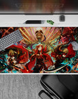 Dark red and smoky black anime girl desk pad 40x20 inches with teal sparks and gold fan patterns.