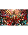 Anime girl desk pad 40x20 inches with three crimson-cloaked heroines and a skull throne fantasy scene.