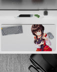 32x16 inches anime desk mat in cozy calm style, soft shading with red and gold trim and warm glowing eyes.